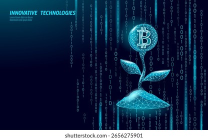 Concepto de crecimiento de flores de Bitcoin. El florecimiento de las criptomonedas representa la inversión en finanzas digitales. Las ganancias de crecimiento de la tecnología blockchain de Fintech. Vector azul oscuro de estilo poli bajo