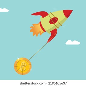 Bitcoin Fly With Rocket Money And Bank Blockchain Cryptocurrency. Business Crypto Finance And Growth Vector Illustration Concept. Btc Coin Investment And Rising Rate. Virtual Digital Wealth