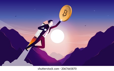 Bitcoin flying high - Man with jetpack flying upwards with bitcoins in the sky. Crypto currency price skyrocketing and value rising concept. Vector illustration