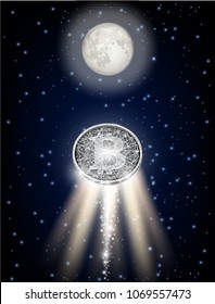 Bitcoin flying to the moon like space rocket vector illustration. Bitcoin cryptocurrency space wallpaper, poster.