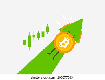 Bitcoin flying up on the sky with green arrow. Increase in price Bitcoin. Cryptocurrency cartoon concept.