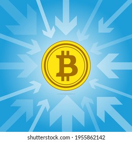 El Bitcoin es el foco. La moneda de oro de la criptografía virtual en el centro está rodeada de flechas dirigidas a ella. Las flechas de un círculo se dirigen al centro. Plantilla de banner. 