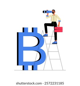 Bitcoin Forecast With Businessman Holding Telescope In Flat Vector Illustration Symbolizing Cryptocurrency Predictions, Investment, And Digital Economy, Isolated On White Background.