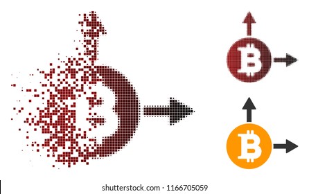 Bitcoin fork icon in dispersed, pixelated halftone and undamaged whole versions. Particles are composed into vector dispersed Bitcoin fork shape.