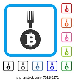 Bitcoin Fork icon. Flat grey pictogram symbol in a blue rounded squared frame. Black, gray, green, blue, red, orange color additional versions of Bitcoin Fork vector.