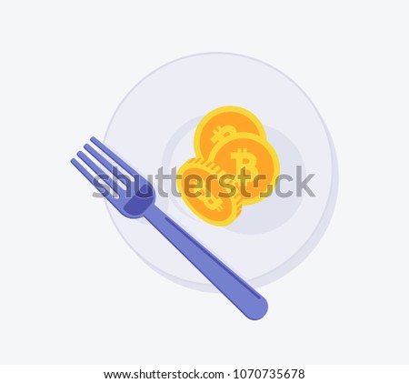Bitcoin Fork icon. Vector illustration style is a flat iconic bitcoin fork symbol with plate. Designed for web and software interfaces.