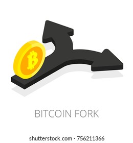 Bitcoin fork isolated isometric arrow split with cryptocurrency coin