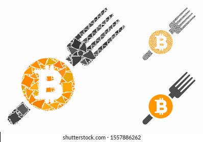 Bitcoin fork mosaic of abrupt elements in variable sizes and color tints, based on Bitcoin fork icon. Vector unequal elements are united into collage. Bitcoin fork icons collage with dotted pattern.