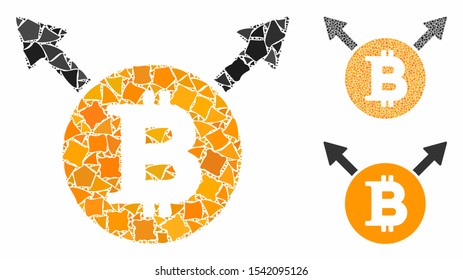 Bitcoin fork mosaic of joggly elements in various sizes and color tones, based on Bitcoin fork icon. Vector uneven elements are grouped into mosaic. Bitcoin fork icons collage with dotted pattern.