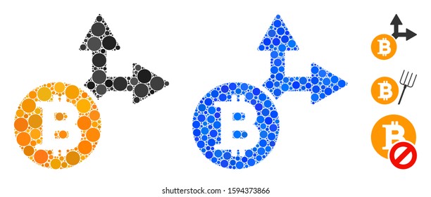 Bitcoin fork mosaic of small circles in various sizes and shades, based on Bitcoin fork icon. Vector small circles are united into blue mosaic. Dotted Bitcoin fork icon in usual and blue versions.