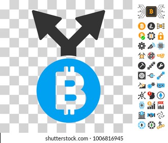 Bitcoin Fork pictograph with bonus bitcoin mining and blockchain design elements. Vector illustration style is flat iconic symbols. Designed for cryptocurrency websites.