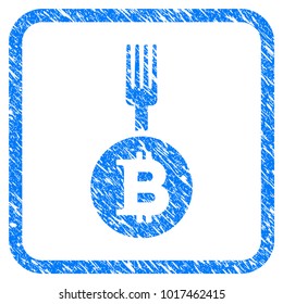 Bitcoin Fork rubber seal stamp imitation. Icon vector symbol with grunge design and dirty texture in rounded squared frame. Scratched blue emblem on a white background.