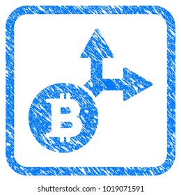 Bitcoin Fork rubber seal stamp watermark. Icon vector symbol with grunge design and corrosion texture inside rounded squared frame. Scratched blue stamp imitation on a white background.