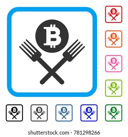 Bitcoin Forks icon. Flat gray pictogram symbol inside a blue rounded rectangular frame. Black, gray, green, blue, red, orange color variants of Bitcoin Forks vector.