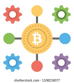 Bitcoin with four directional lines and gears is a bitcoin node icon
