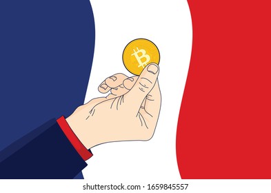 Bitcoin France - Hand holding bitcoin in front of the French flag