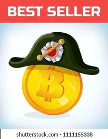 Bitcoin in french Napoleon tricorn hat. Bitcoin. Digital currency. Crypto currency. Money and finance symbol. Miner bit coin criptocurrency. Virtual money concept. Cartoon Vector illustration.
