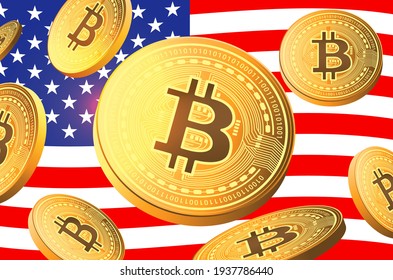 Bitcoin in front of the American flag, vector illustration.