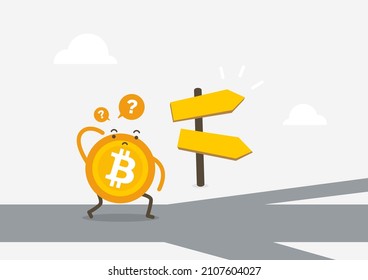 Bitcoin delante de una elección del camino. Concepto de caricatura de criptografía.