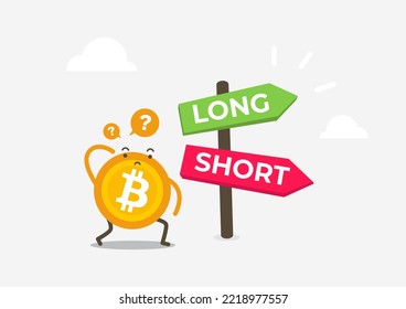 Bitcoin in front of a choice of the way long and short. Cryptocurrency cartoon concept.