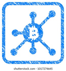 Bitcoin Full Node rubber seal stamp watermark. Icon vector symbol with grunge design and dirty texture inside rounded square. Scratched blue stamp imitation on a white background.