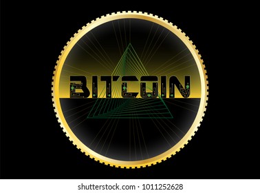 Bitcoin futuristic cryptocurrency. Futuristic triangle with microchip. Golden ribbed coin background. Vector.
