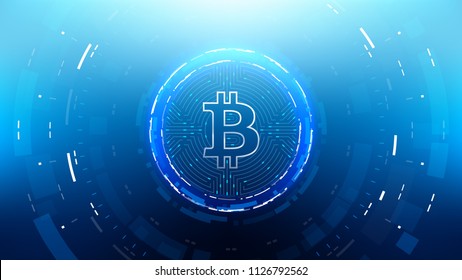 Bitcoin Futuristic Sci-Fi Technology Cryptocurrency Textured Coin Hi-Tech Illustration. Isolated on Blue Mesh Background