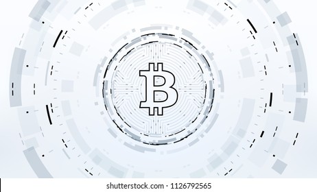 Bitcoin Futuristic Sci-Fi Technology Cryptocurrency Textured Coin Hi-Tech Illustration. Isolated on Light Mesh Background