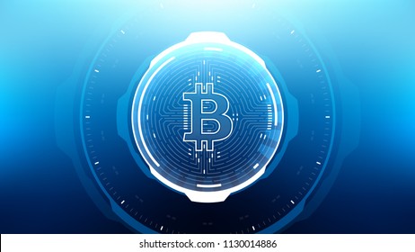 Bitcoin Futuristic Sci-Fi Technology Cryptocurrency Textured Coin Hi-Tech Illustration. Isolated on Blue Mesh Background
