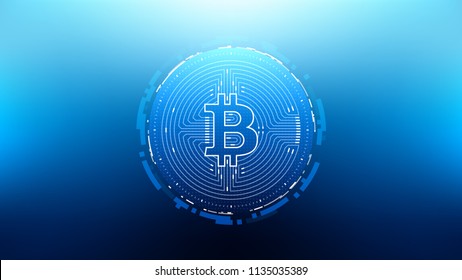 Bitcoin Futuristic Sci-Fi Technology Cryptocurrency Textured Coin Hi-Tech Illustration. Isolated on Blue Mesh Background