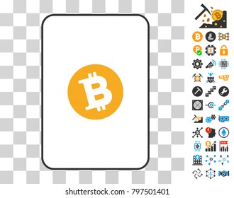 Bitcoin gambling card icon with additional bitcoin mining and blockchain pictographs. Flat vector pictograms for cryptocurrency websites.