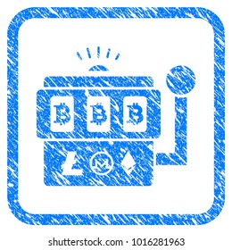 Bitcoin Gambling Machine grungy textured icon inside rounded frame for overlay watermark imitations. Flat symbol with scratched texture.