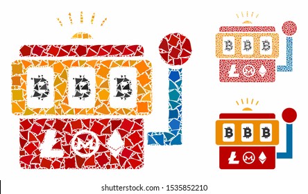 Bitcoin gambling machine mosaic of abrupt elements in various sizes and color tinges, based on Bitcoin gambling machine icon. Vector tuberous elements are grouped into mosaic.