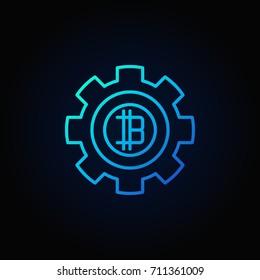 Bitcoin in gear blue icon. Vector crypto currency round minimal outline symbol or logo element on dark background
