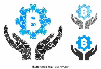 Bitcoin gear care hands composition of tremulant elements in various sizes and color hues, based on Bitcoin gear care hands icon. Vector unequal elements are grouped into illustration.