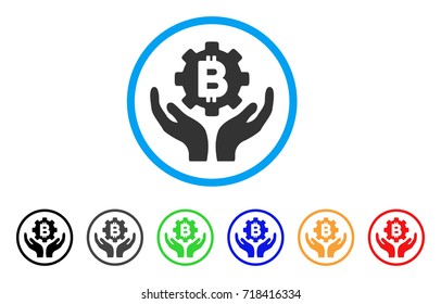 Bitcoin Gear Care Hands rounded icon. Style is a flat bitcoin gear care hands gray symbol inside light blue circle with black, gray, green, blue, red, orange color versions.