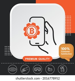 Bitcoin, gear in phone icon - Orange black background with graphic elements for your design