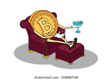 Bitcoin with a glass of martini in hand on white background.  A drawn meme coin character on a plush armchair is enjoying the moment. Great wealth bitcoin vector illustration of bitcoin.