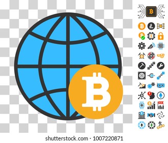 Bitcoin Global icon with bonus bitcoin mining and blockchain pictures. Vector illustration style is flat iconic symbols. Designed for blockchain websites.