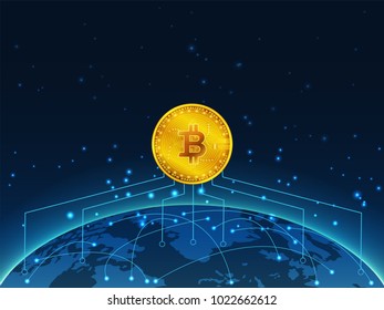 bitcoin with global network with glowing dot and line net in blue space. concept for global business currency with technology opertaion design in vector illustration
