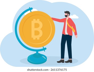 Bitcoin globe on hand, vector illustration business character design,


