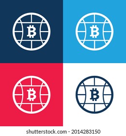 Bitcoin Globe Symbol blue and red four color minimal icon set