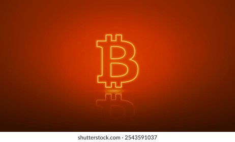 Signo de neón brillante de Bitcoin. Concepto brillo bitcoin intercambio y pago. Símbolo de criptomoneda sobre fondo naranja brillante.