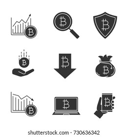 Bitcoin glyph icons set. Cryptocurrency silhouette symbols. Bitcoin digital wallets, safe payments, rate rising and falling, savings, search. Vector isolated illustration