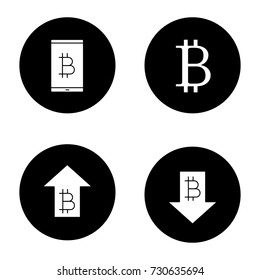 Bitcoin glyph icons set. Digital wallet, rate rising and falling, bitcoin sign. Vector white silhouettes illustrations in black circles
