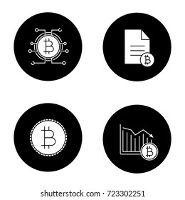Bitcoin glyph icons set. Bitcoin document, falling, payment. Vector white silhouettes illustrations in black circles