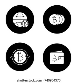Bitcoin glyph icons set. Global bitcoin, wallet, exchange, coins. Vector white silhouettes illustrations in black circles