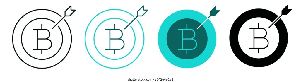 Bitcoin goal symbol. Cryptocurrency, money, business or investment concept. Line and solid icon set. Bitcoin, target and arrow. Color or black logo for web, ui, or mobile app. Editable vector stroke.
