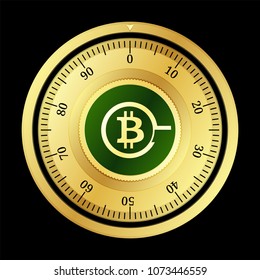 Bitcoin God (GOD) cryptocurrency safe lock. Eps10 vector illustration isolated on black background.