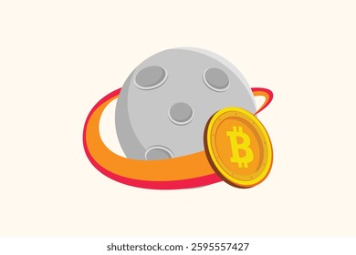 Bitcoin goes around the moon. Crypto bitcoin digital money concept. Flat design vector illustration isolated. Minimalist flat design
